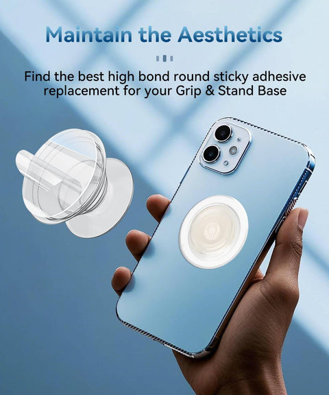 Person holding a phone with 30 Pack Clear Invisible Adhesive Tapes For Pop Socket Base 1.4 Inch Double Sided Tape Non Damaging And Residue Free Removal.