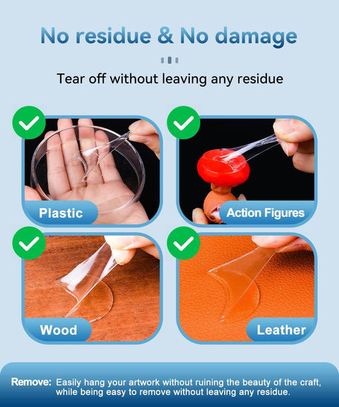 Four images showing clear adhesive strips used on plastic, action figures, wood, and leather without leaving residue or damage.