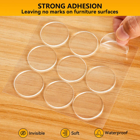 9 Pack Wall Bumpers And Door Stoppers Set With Clear Round Cushions, Self Adhesive 35x35mm Protectors on wooden surface