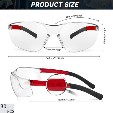 Clear ANSI Z87.1 Safety Eyewear For Men And Women Scratch Resistant Lenses shown with size dimensions