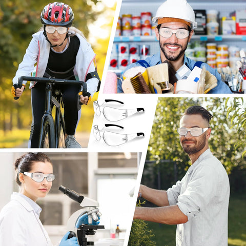 Collage of people wearing Clear Z87.1 Certified Safety Glasses For Work Lab Scratch Resistant 30 Pcs in various settings