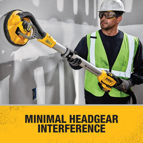 Worker using a wall sanding tool, wearing a hard hat and Clear Anti Fog Safety Goggles With Anti Scratch Coating Low Profile Frame