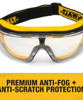 Clear Anti Fog Safety Goggles With Anti Scratch Coating Low Profile Frame, showing front view with yellow strap
