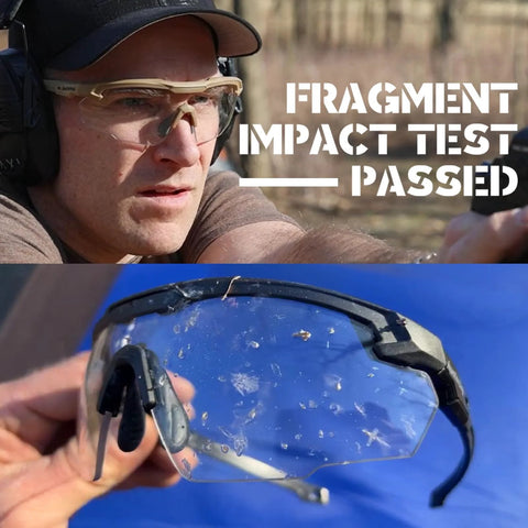 Man wearing Clear Lens Ballistic Tactical Glasses ANSI Z87 Plus UV400 Anti Fog for Airsoft, fragment impact protection demonstrated.