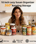 Person displaying Clear BPA Free 360 Degree Lazy Susan Turntable with pantry condiments in kitchen.