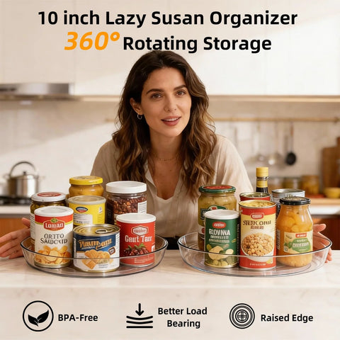 Person displaying Clear BPA Free 360 Degree Lazy Susan Turntable with pantry condiments in kitchen.