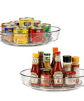Clear BPA Free 360 Degree Lazy Susan Turntable for spice organization showing condiments and cans, 10-inch rotating organizer, 2 pack