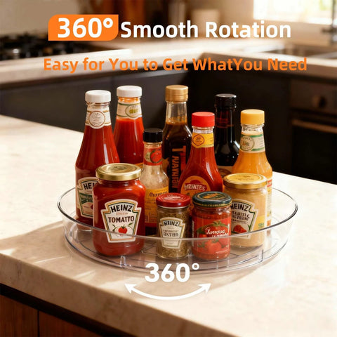 Clear BPA Free 360 Degree Lazy Susan Turntable for Spice Organization on Kitchen Counter with Condiments and Jars Displayed