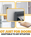 Door Wall Bumper Protector - Self Adhesive Stopping Shield Prevents Damage & Noise for Knob Handle, shown on fridge, bed, door, and board.