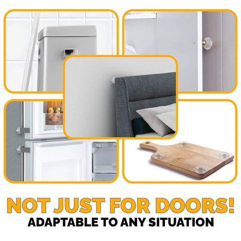 Door Wall Bumper Protector - Self Adhesive Stopping Shield Prevents Damage & Noise for Knob Handle, shown on fridge, bed, door, and board.