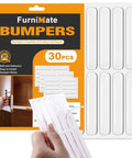30 Piece Clear Door Slam Silencers Self Adhesive Cabinet Bumpers 2.5x0.4x0.08 Inches Soft Polyurethane on packaging.