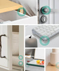 Set Of 100 Clear Self Adhesive Cabinet Door Bumpers 0.3 Inch Diameter Silicone Rubber Dots shown installed on furniture and appliances