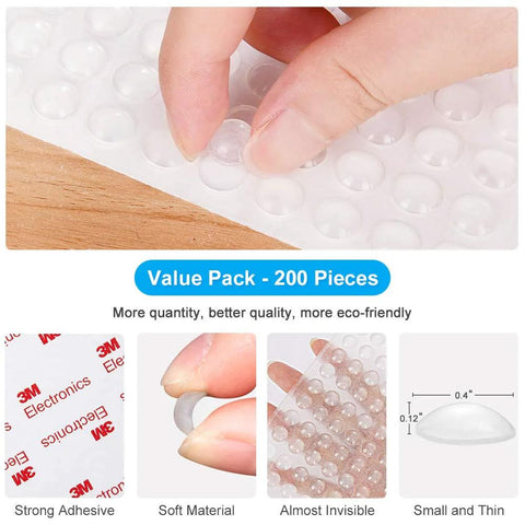 Close-up view of 200 Pcs Clear Cabinet Bumpers Self Adhesive Soft Close Quiet Cupboard Door Bumpers Pads For Kitchen Cabinets Drawers