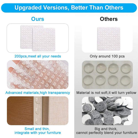 Comparison of clear cabinet bumpers, 200 pcs versus 100, showing transparency, thinness, self-adhesive application, and durability.