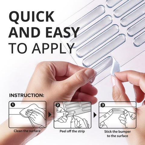 Hand peeling adhesive backing from 40 Pack Clear Cabinet Door Bumpers That Say No More Slams, Soft Close Pads, 2.5 By 0.4 Inch Anti Slam Cushions.