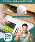 Clear Cabinet Door Bumpers 304 Pack with adhesive rubber feet shown in a drawer with man giving thumbs up
