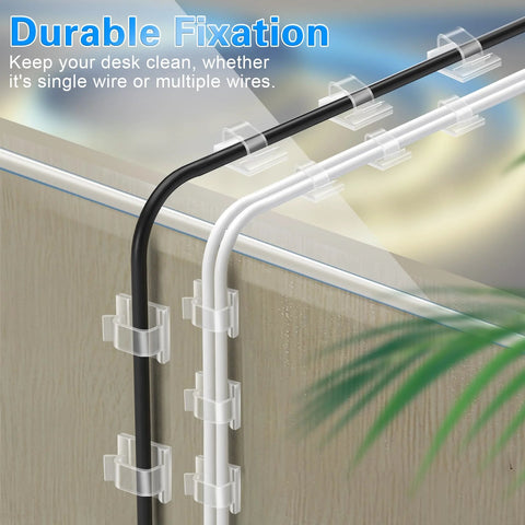 60 PCS Clear Adhesive Cable Clips Five Eighth Inch securing cables on desk edge, made from PA66 nylon with ultra strong adhesive.