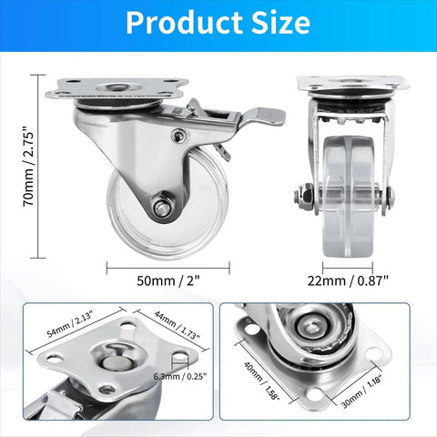 2 Inch Crystal Clear Caster Wheels With Brake and Stainless Steel Housing for Rugged Use Rust Resistant and Waterproof Swivel Castors