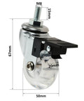 Clear Caster Wheels 2 Inch 4 Pack With M8x15mm Threaded Stem Casters Including Nuts, side view of 2 braked and 2 non braked.