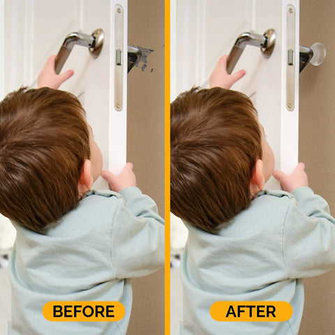 Child opening door with and without Door Wall Bumper Protector - Self Adhesive Stopping Shield Prevents Damage & Noise for Knob Handle