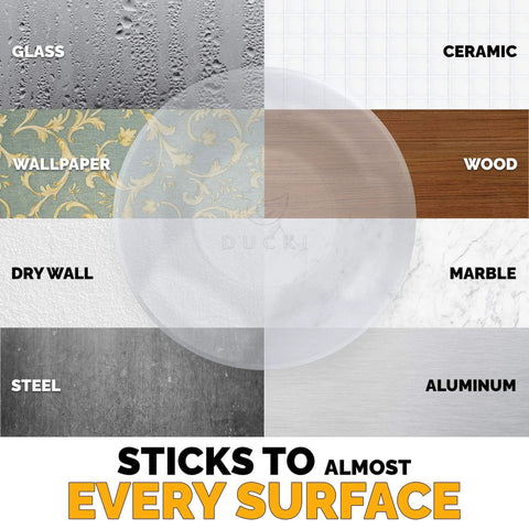 Door Wall Bumper Protector - Self Adhesive Stopping Shield Prevents Damage & Noise for Knob Handle; shows surfaces it adheres to like glass, ceramic, and wood.