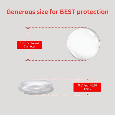 Dimensions of 6 Pack Clear Door Stopper Wall Protectors, 1.6 inch diameter, 0.3 inch thick, transparent wall shield bumpers