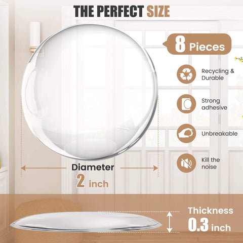 Product specifications for 8 Pack 2 Inch Door Stoppers For Walls, including clear rubber dimensions and features.
