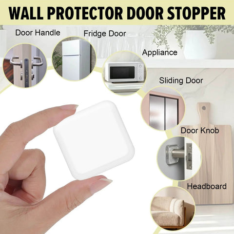 12 Pack Clear Adhesive Door Stoppers Wall Protectors, 1.57 Inch Square Bumpers for Quiet Door Slams shown in hand and use examples
