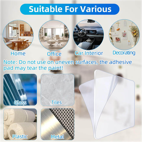 10 Pack Premium Double Sided Mounting Squares Clear Tape Waterproof Heavy Duty Adhesive Pads for Pictures and Posters Ideal for Hanging Strips on Walls Showers Tiles and More with Strong Sticky Tack visible on surfaces like glass and tiles with usage examples in home and car settings.