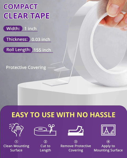 Heavy Duty Double Sided Tape Clear Removable Mounting Tape For Home Office Walls Decor Poster Hanging Carpet Automotive Trim DIY Projects Multipurpose Transparent Adhesive 155 Inch Long And 1 Inch Wide No Residue roll on table.