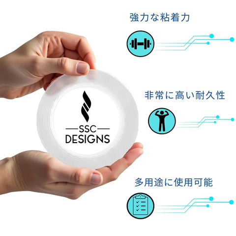 Heavy Duty Double Sided Mounting Tape Nano Adhesive Strip For Posters And Art, clear design in hand with durability icons