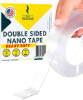 Heavy Duty Double Sided Mounting Tape Nano Adhesive Strip For Posters And Art, 10 feet roll being held, clear design.