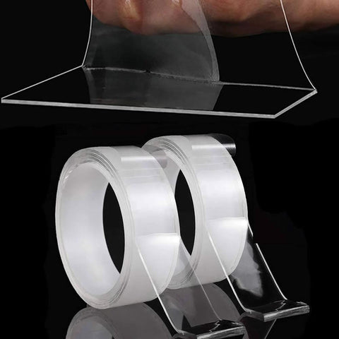 Double Sided Nano Tape 2 Inch By 33 Feet Heavy Duty Mounting Gel Tape clear rolls shown with a piece being peeled.