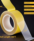 Ultra Thin Heavy Duty Double Sided Tape 2 Inch By 66 Feet Clear Mounting Tape For Walls Woodworking Crafts Arts Fabric Hemming Curtains Industrial Strength Adhesive That Really Sticks Strong Bond No Residue showing roll with dimensions and features.