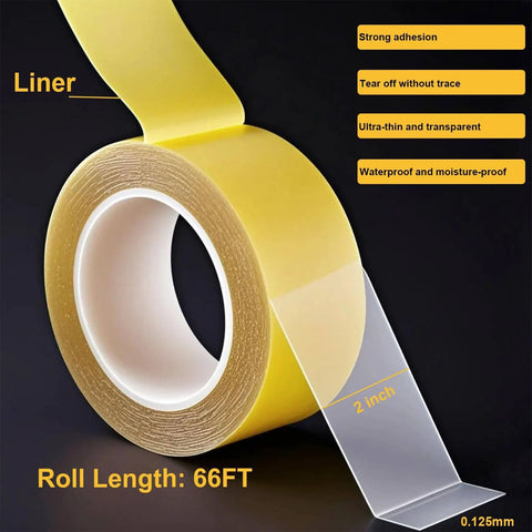 Ultra Thin Heavy Duty Double Sided Tape 2 Inch By 66 Feet Clear Mounting Tape For Walls Woodworking Crafts Arts Fabric Hemming Curtains Industrial Strength Adhesive That Really Sticks Strong Bond No Residue showing roll with dimensions and features.