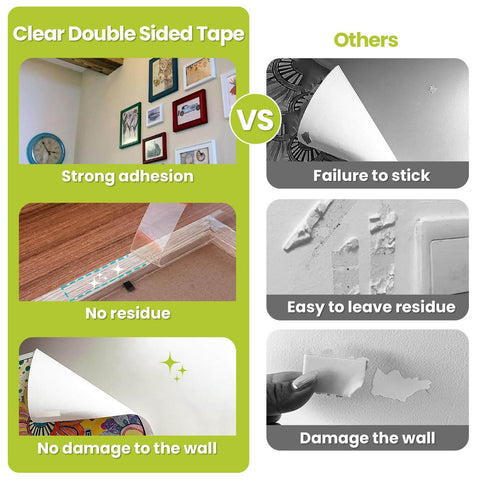 Heavy Duty Clear Double Sided Tape Removable Nano Mounting Adhesive Tape For Walls Photos Crafts Posters And Carpets 1 Inch By Sixteen Point Five Feet comparison against regular tape showing no damage and no residue