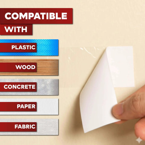 Clear Double Sided Tape Removable 1.5 Inch By 30 Yards A Real Workhorse For Gift Wrapping Carpet Securing And Woodworking And More Great For Walls Laminates CNC Projects Guitar Making And DIY Mounting being used on wall with compatibility labels for various surfaces.