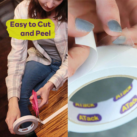 Extra Sticky Clear Double Sided Tape Removable Heavy Duty Mounting Tape 2 Inch By 20 Yards being cut and peeled by hands