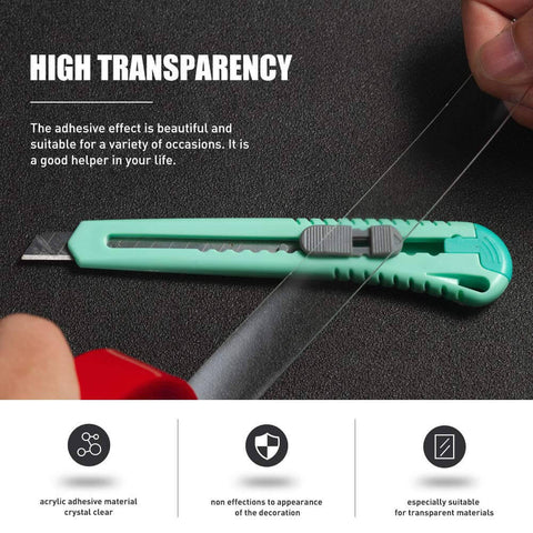 Person holding Heavy Duty Clear Double Sided Tape, Half Inch By Ten Feet Acrylic Mounting Tape With Serious Grip next to cutter