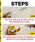 Steps to use clear double sided tape with 1/2 inch width, showing tape being pulled and cut for use.