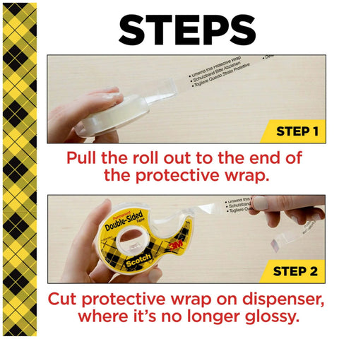 Steps to use clear double sided tape with 1/2 inch width, showing tape being pulled and cut for use.