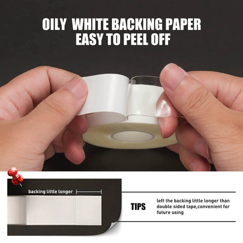 Hands peeling back oily white backing paper of Heavy Duty Clear Double Sided Tape Half Inch Wide Ten Foot Roll Acrylic Mounting Adhesive