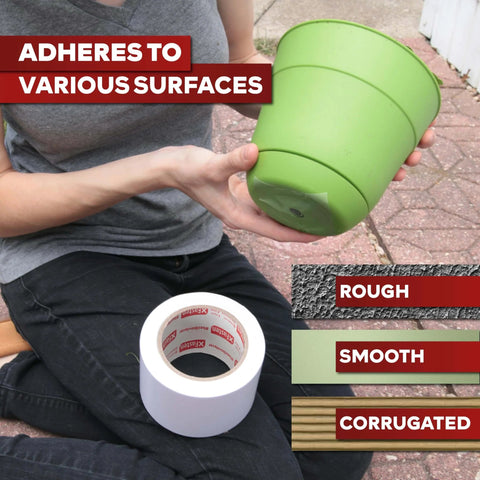 Clear Double Sided Tape Removable 1.5 Inch By 30 Yards shown adhering a green pot to demonstrate versatile surface application.