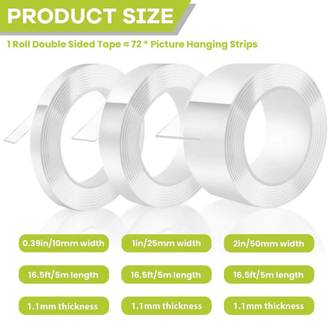 Heavy Duty Clear Double Sided Tape Removable Nano Mounting Adhesive Tape for Walls Photos Crafts Posters and Carpets in Various Sizes