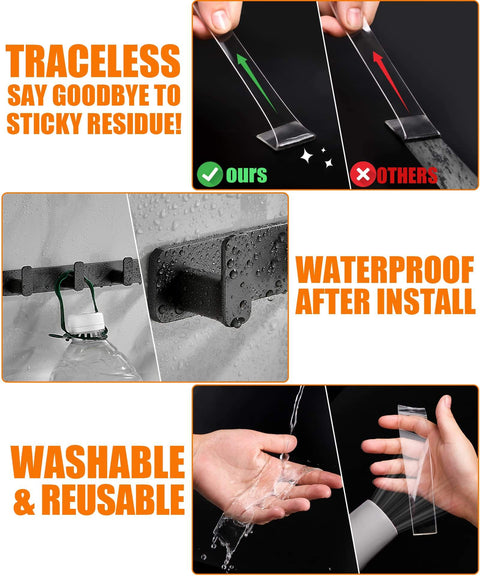 Heavy Duty Double Sided Tape Set 2 Rolls 20 Feet Total Clear Nano Adhesive For Posters Rugs Pictures Wall Mounts Removable No Residue Indoor Outdoor Mounting Tape Ultra Strong Must Have DIY Adhesive showing traceless and waterproof features.