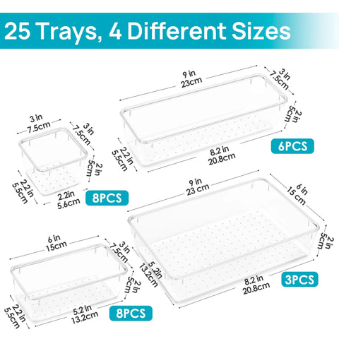 Clear Plastic Drawer Organizer Set 25 Pieces in Four Sizes for Makeup Vanity Bathroom Kitchen and Office Declutter Drawer Space with Non Slip Pads Stackable Bins showing different sizes