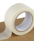 Clear Duct Tape Heavy Duty 9 Mil Waterproof No Residue 2 Inches By 25 Yards, roll on cardboard, thick, wide for packaging and DIY use.