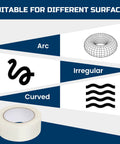 Diagram showing Clear Duct Tape Heavy Duty 9 Mil Waterproof No Residue 2 Inches By 25 Yards suitable for curved surfaces.