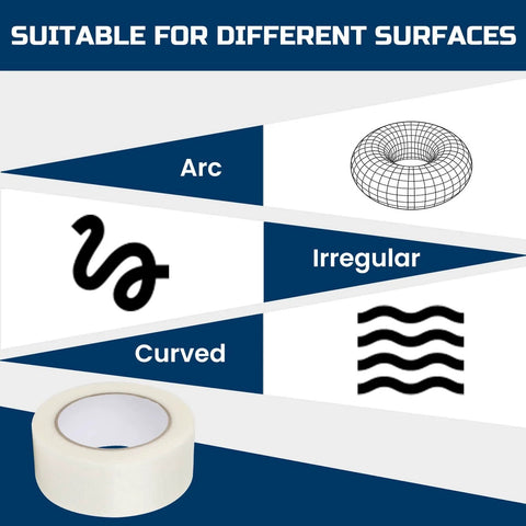 Diagram showing Clear Duct Tape Heavy Duty 9 Mil Waterproof No Residue 2 Inches By 25 Yards suitable for curved surfaces.