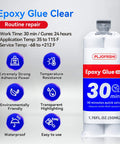 Clear Two Part Epoxy Glue For Plastic Metal Wood Ceramic And More Multipurpose Waterproof Adhesive In A One Point Seven Six Fluid Ounce Syringe Cures Fast Delivers A Strong Long Lasting Bond For Repairs Fishing Rods And Other Projects shown with features and instructions.